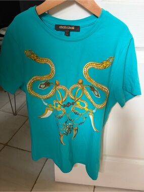 Roberto Cavalli Teal Short-Sleeve Tee with Gold Snake Motif